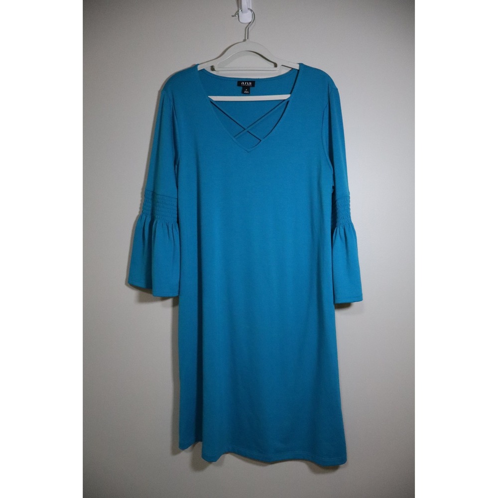 Boho Bell Sleeve a.n.a Shift Dress S Blue Strappy Smocked V-Neck
